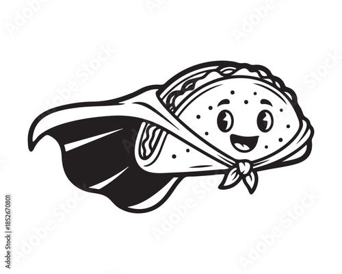 Smiling pita bread character wearing a cape
