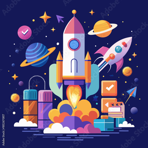 Space Rocket Launch with Planets and Stars Cartoon Vector Illustration