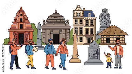 Diverse tourists exploring global historical landmarks, ancient temples, statues, and traditional architecture in a colorful flat line art illustration style.