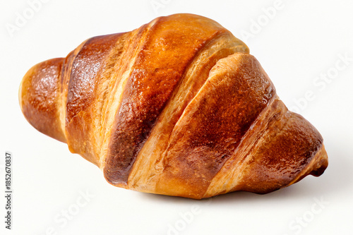 Italian cornetto pastry isolated on white background. Classic breakfast brioche with golden flaky crust, traditional Italian bakery product for food and pastry concepts
