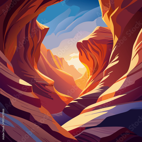 Sunlight through sandstone formations a vibrant canyon landscape illustration