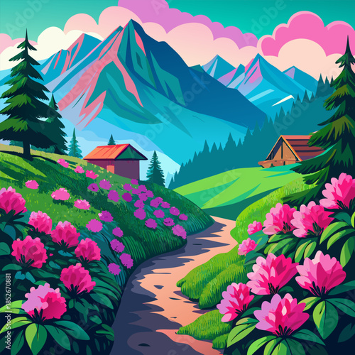 A vibrant landscape painting featuring mountains a stream and charming hillside homes