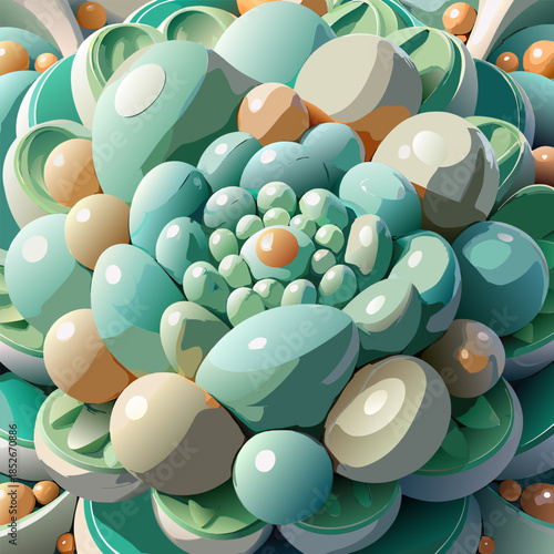 Abstract floral arrangement of rounded shapes in shades of green and orange