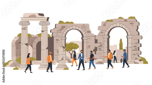 Flat vector illustration of diverse tourists visiting ancient Greek or Roman ruins with columns and stone arches, historical architecture sightseeing tour art.