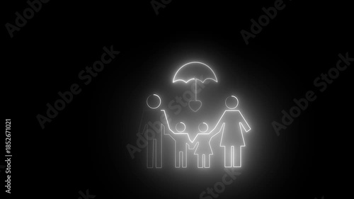 The glowing family icon in frame covering protect. Health insurance and medical welfare concept. Future healthcare planning on the black background 4k animation 