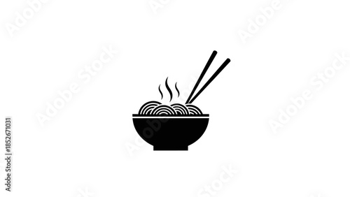 Steaming bowl of noodles with chopsticks in black and white