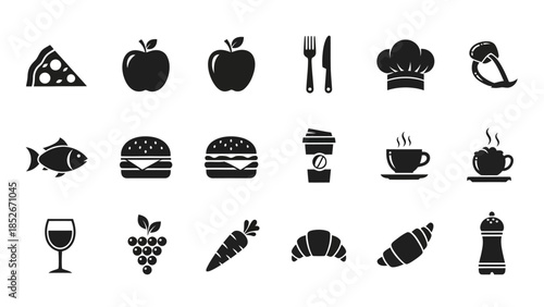 Set of black silhouette food and drink icons