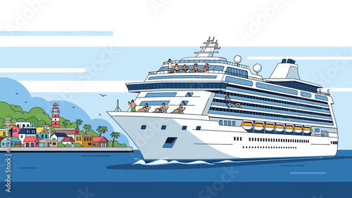 Modern cruise ship sailing past a colorful coastal town with a lighthouse, passengers relaxing on deck in the sun, flat illustration for travel and vacation.