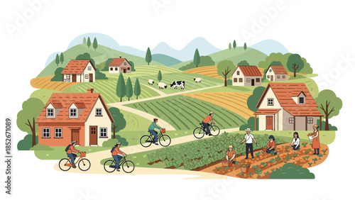 Vibrant Vector Illustration of a Sustainable Rural Village Community with Farmers Harvesting Organic Crops and People Cycling Through Scenic Green Landscapes.