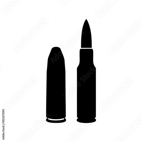 Black and White Silhouette of Two Bullets, One Deconstructed with a Casing
