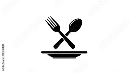 Crossed fork and spoon with a plate below