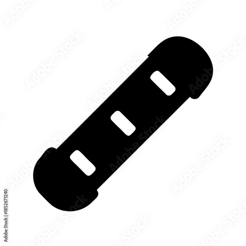 Stylized black icon illustration of a snowboard with rounded edges and bindings