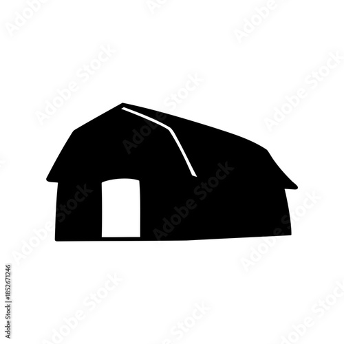 Simple barn or storage shed silhouette in a field on white background