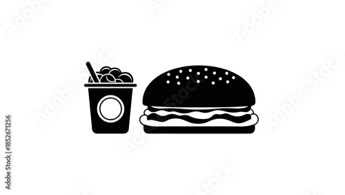 Black and white icon of a burger with a drink