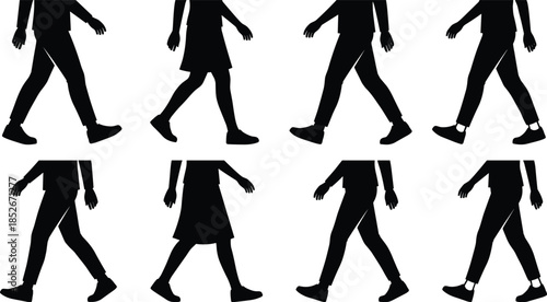 Black Silhouette Set of Walking People Vector Graphic Assets for Infographics, Motion Design, Animation Frames, or Directional Signage.