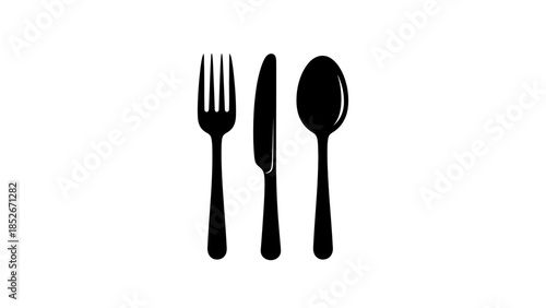Black silhouette of a fork, knife, and spoon arranged vertically