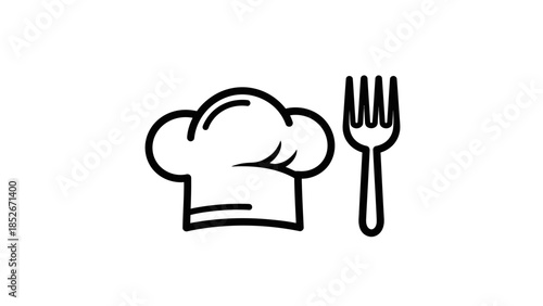 Minimalist chef's hat and fork outline symbol on white background