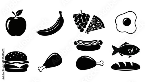 Collection of black and white food icons representing healthy and unhealthy options