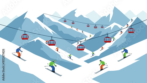 Vector Illustration of a Busy Winter Ski Resort with Red Cable Cars, Snowy Mountain Peaks, and People Downhill Skiing on Slopes for Outdoor Seasonal Activity.