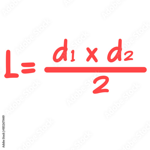 Cute handwritten rhombus area formula icon, ideal for geometry tutorials, diagrams, or illustrating clear, simple, and playful shape calculation designs.
