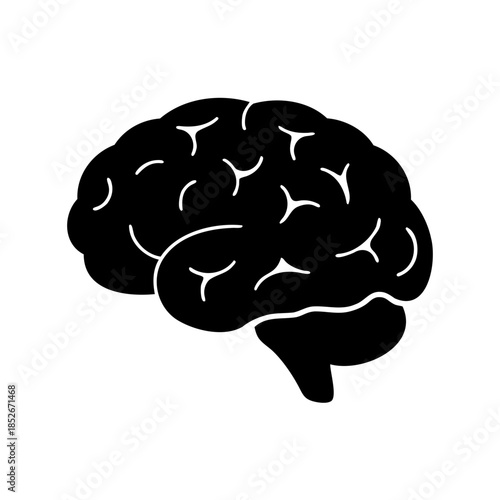Simplified black and white silhouette depiction of a human brain from profile view