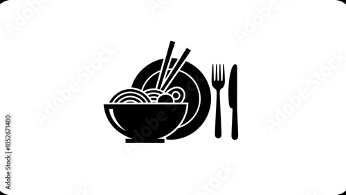 Asian fast food meal with cutlery in a simple icon design