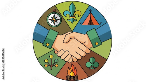 Scouting emblem with handshake compass fleur de lis tent and campfire representing unity and outdoor adventure vector illustration