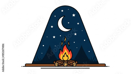 Campfire under the night sky with moon and stars flat vector illustration for camping and outdoor adventure concepts isolated on w