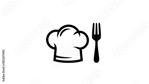 Minimalist chef hat and fork icon on a white background