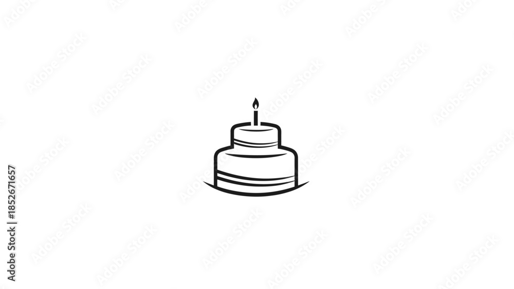 Fototapeta premium Simple line art illustration of a birthday cake with a lit candle