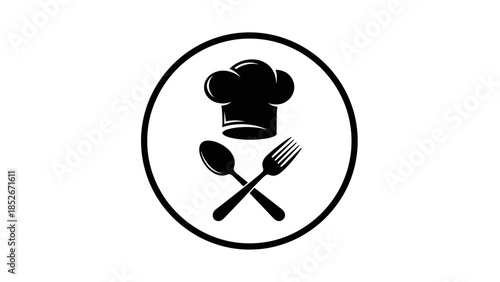 Chef hat with crossed spoon and fork in a circular frame