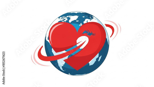 Red heart embracing the globe symbolizing global love health and care vector illustration for charity and awareness campaigns