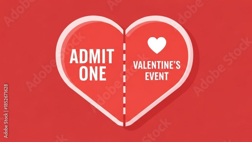 Heart shaped ticket for Valentines Day event admit one concept for romantic celebration isolated on red background