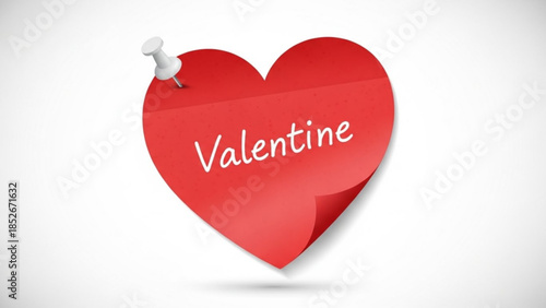 Red heart shaped sticky note with Valentine text pinned with a thumbtack isolated on white background for design