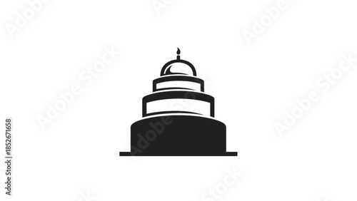 Minimalist black and white tiered building with dome on white background
