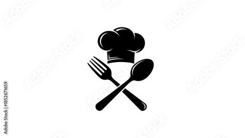 Black chef hat with crossed fork and spoon on white background