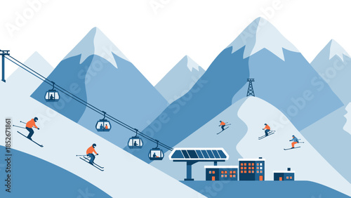Minimalist Flat Vector Illustration of a Busy Ski Resort Featuring Cable Cars, Snow-Capped Mountains, and Skiers on Slopes for Winter Vacation and Sport Themes.