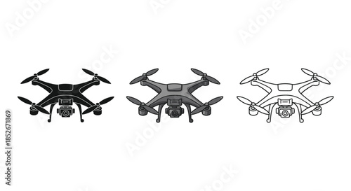 Set of three drone icons in black silhouette, flat gray, and outline styles