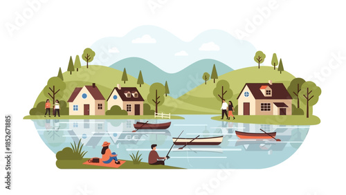 Peaceful Lakeside Village Illustration with People Fishing and Picnicking on a Sunny Day in a Flat Vector Art Style Featuring Scenic Green Hills and Mountains.