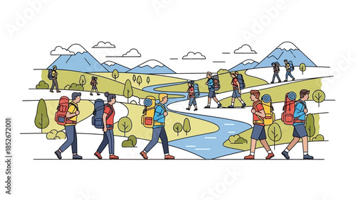 Group of diverse hikers with backpacks walking through a scenic mountain landscape with a winding river and trees in a clean flat line art illustration style.
