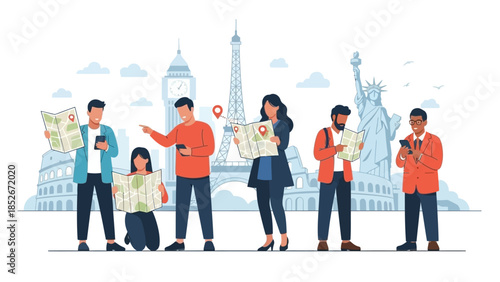 Diverse Group of Tourists Traveling Globally and Navigating with Paper Maps and Smartphones Against Iconic World Landmarks and Cityscapes Vector Illustration.