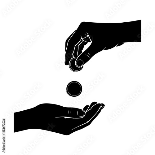 Silhouette of hands exchanging a coin.