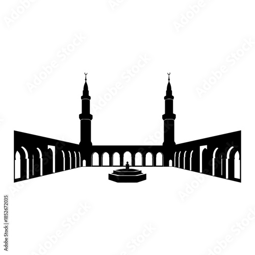Silhouette of mosque with two tall minarets and central fountain.