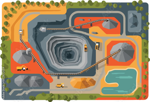 Overhead view illustration of an openpit mine site with conveyor systems and heavy machinery