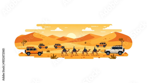 Desert Safari Flat Vector Illustration with 4x4 Off-Road Vehicles and Camel Caravan Riding Through Golden Sand Dunes Under a Warm Sunset Sky Background Scene.