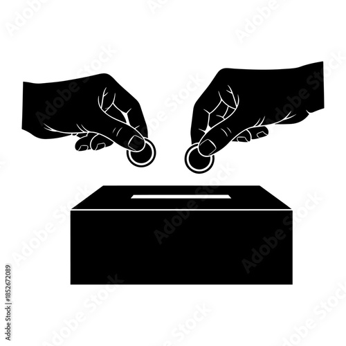 Two hands dropping coins into a donation box.