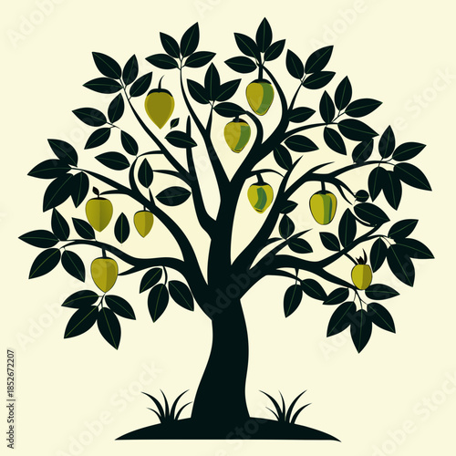 Minimal Fruit Tree Silhouette with Leaves Flat Vector