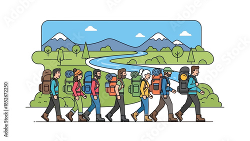 Group of diverse hikers with backpacks walking in a line through a scenic nature landscape with mountains and a river in a flat vector line art illustration.