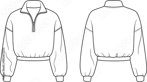 Front and back view flat sketch of a cropped quarter zip sweatshirt pullover