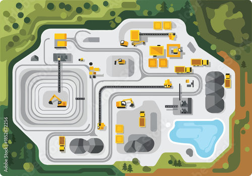 Overhead view of a stylized openpit mining operation with processing facilities